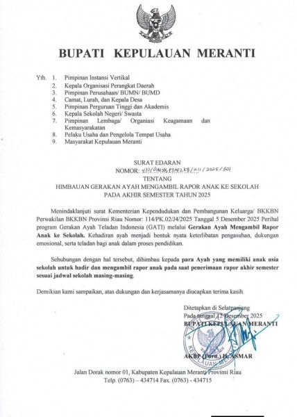 Perkuat Hubungan Ayah dan Anak, Bupati Meranti Imbau Ayah Ambil Rapor Anak ke Sekolah