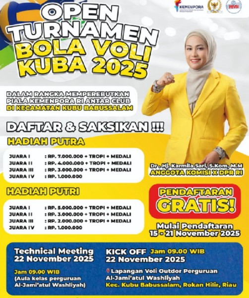 Anggota DPRD RI Karmila Sari akan Hadiri Kick Off Open Turnamen Bola Voli Kuba 2025 di Kubu Rohil