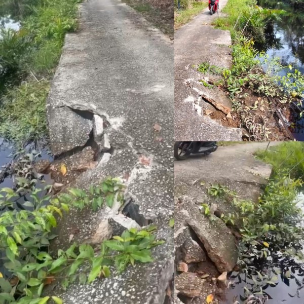 Ambulance Nyaris Terjun ke Sungai, Jalan Menuju TPU di Desa Bantan Tengah Rusak Parah