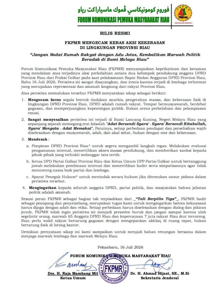 FKPMR Kecam Kericuhan di DPRD Riau, Desak Pelaku Kekerasan Diproses Hukum