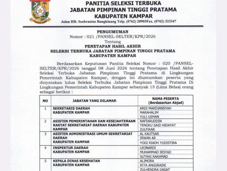 15 Pejabat Lolos Seleksi JPTP Kampar, Pengumuman Sempat Molor hingga Siang