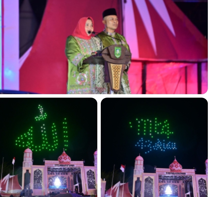 Puluhan Ribu Penonton Terpukau Penampilan 100 Drone Bertuliskan Lafaz Allah, Bengkalis Bermasa Pembukaan MTQ Ke-43 Riau