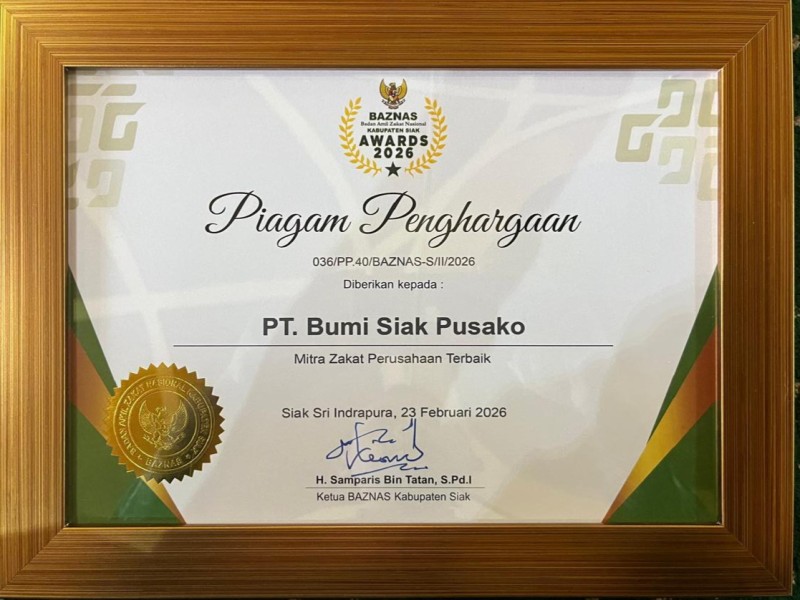 PT. BSP Raih Penghargaan Mitra Zakat Perusahaan Terbaik dari Baznas Siak