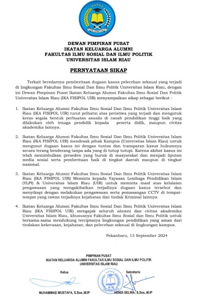 DPP IKA FISIPOL UIR Desak Investigasi Menyeluruh Kasus Dugaan Asusila Di Wilayah Kampus, Tekankan Transparansi.