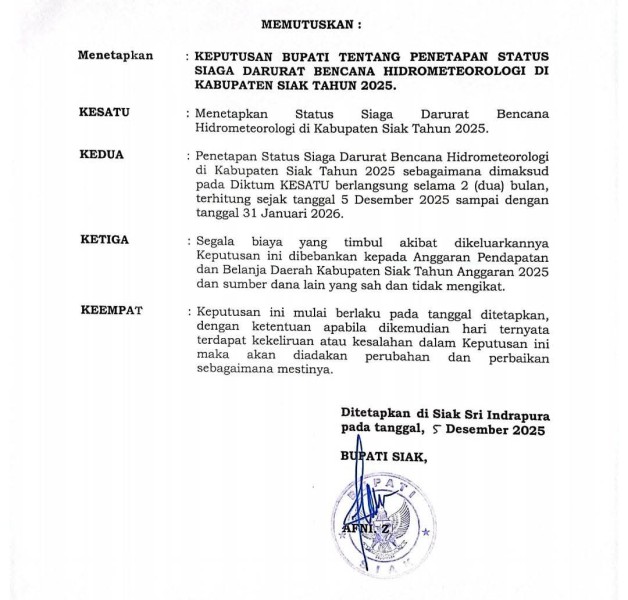 Bupati Siak Tetapkan Status Siaga Darurat Hidrometeorologi Selama Dua Bulan